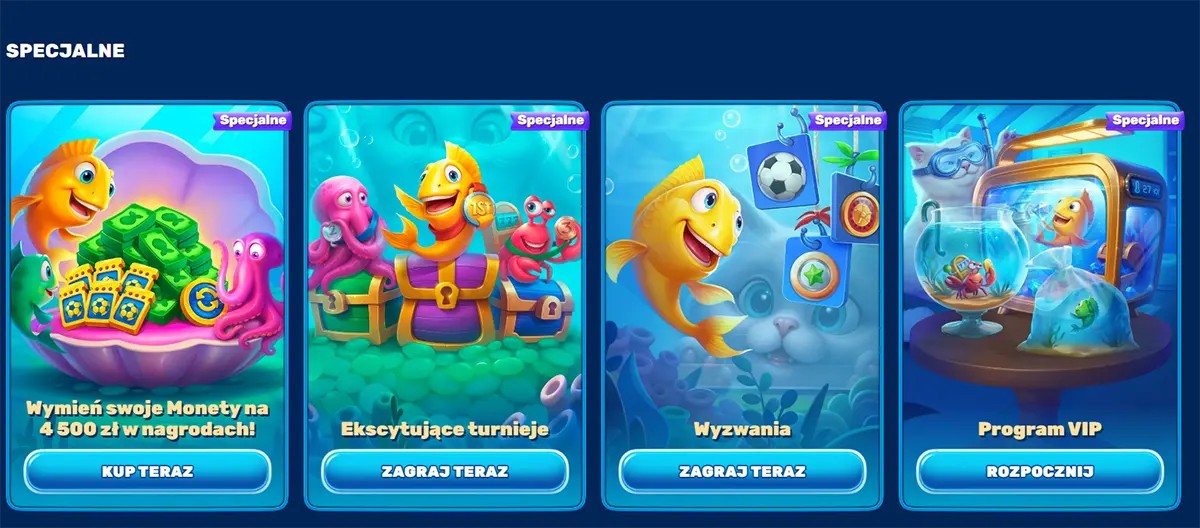 Special promotions section (Polish localisation) with underwater-themed cards featuring a cartoon fish mascot, highlighting offers like exchanging coins for rewards, ekscytujące turnieje (tournaments), wyzwania (challenges), and a program VIP, each with CTA buttons such as “Kup teraz,” “Zagraj teraz,” and “Rozpocznij”