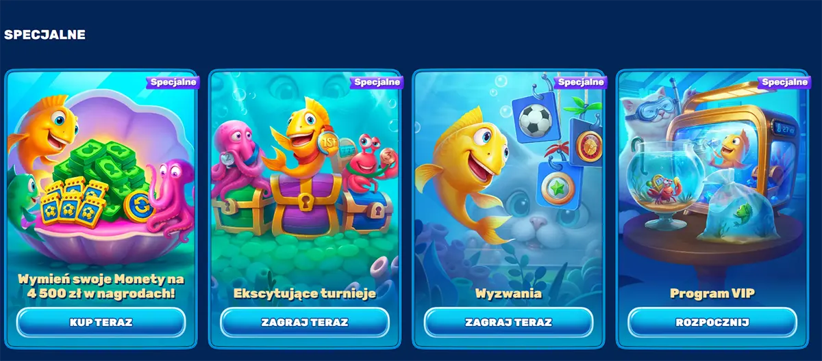Special promotions section (Polish localisation) with underwater-themed cards featuring a cartoon fish mascot, highlighting offers like exchanging coins for rewards, ekscytujące turnieje (tournaments), wyzwania (challenges), and a program VIP, each with CTA buttons such as “Kup teraz,” “Zagraj teraz,” and “Rozpocznij”